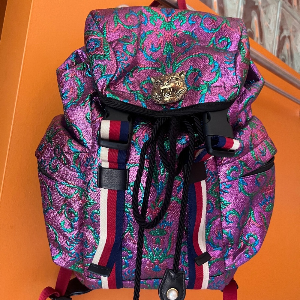 ❌Sold❌GUCCI Double Buckle Small Brocade Web Backpack